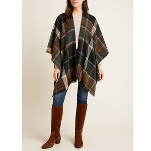Codello Plaid Fringe Ruana Wrap Neutral Brown Black Gray Tan Cozy Fall Layer OS